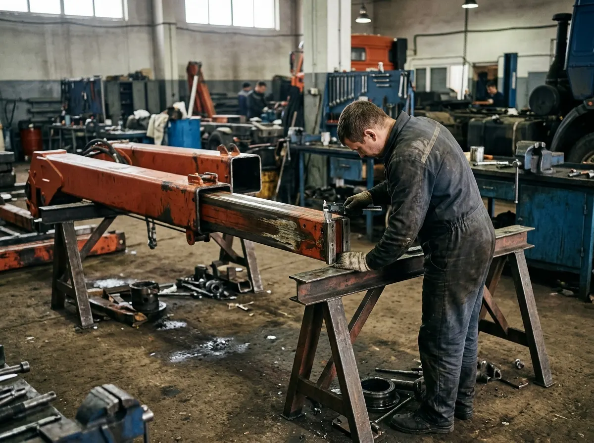 Ремонт секций стрелы крано-манипуляторной установки в цехе